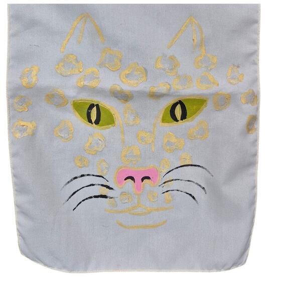 vintage White Hand Painted Kitty Cat Leopard Scarf 1970s Acetate 53" long - Picture 3 of 3